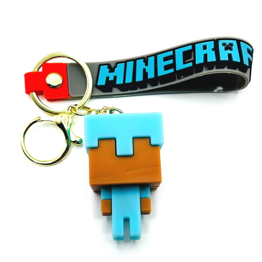 Steve Minecraft Keychain Unisex OS Blue Diamond Armor Rubber Figure Wristlet - Picture 3 of 3